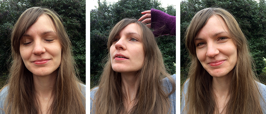 Headshots of Meg; one with her eyes closed, one with her fixing her hair, one with her looking pleasant.